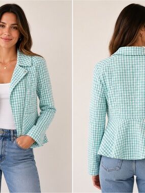 Isaac Mizrahi Blue Gingham Seersucker Zip Jacket